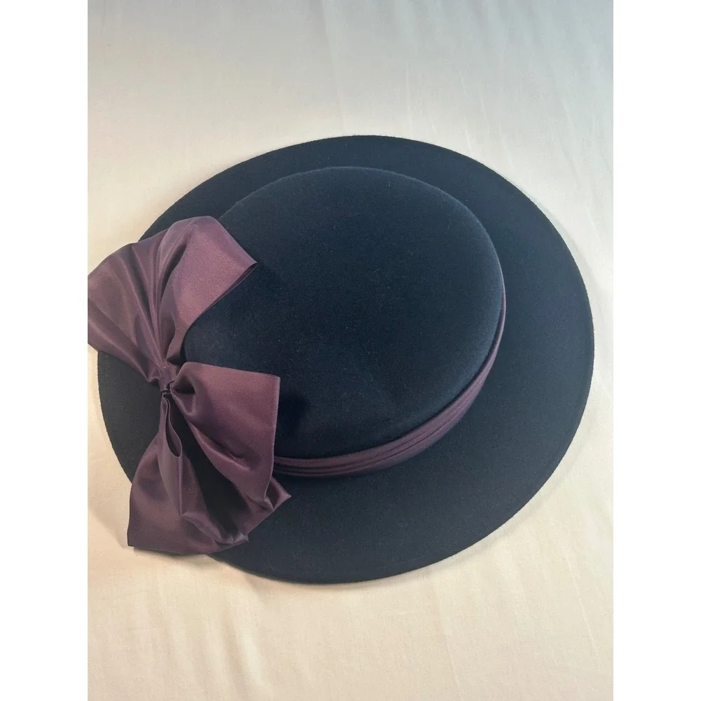 Michael Howard Wool Bow Hat Women OS Black Vintage Wide Brim Satin Trim